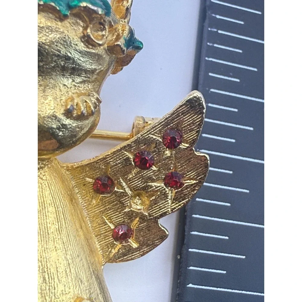 Mylu Angel Brooch Gold Tone Red Rhinestone Wings‎ Vintage Pin